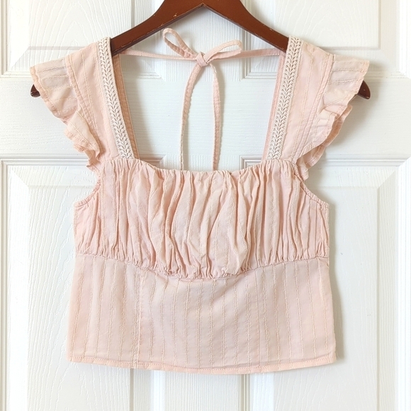 MINKPINK Kelsy Ruched & Textured Flutter Sleeve Square Neck Cropped Top Pink XS - Picture 1 of 11